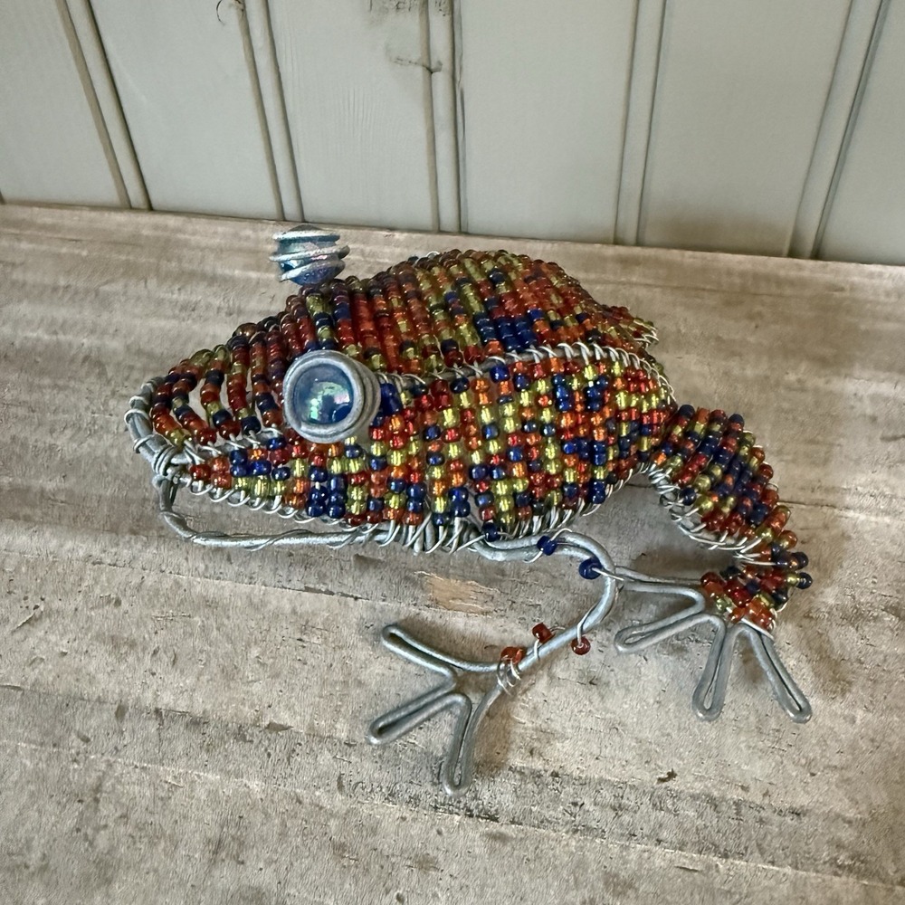 Folk Art Blue Orange Yellow Glass Bead & Wire Frog Sculpture Figurine